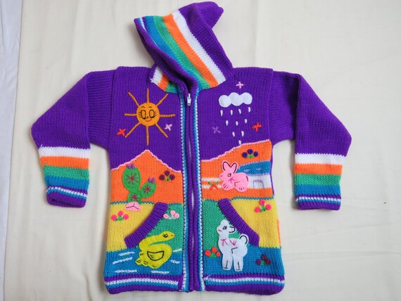 Peruvian arpillera hooded sweater/cardigan kids/childs with applique/embroidered work made in Peru. Size 4/5 Yrs L=41cm W=30cm I/A=30cm
