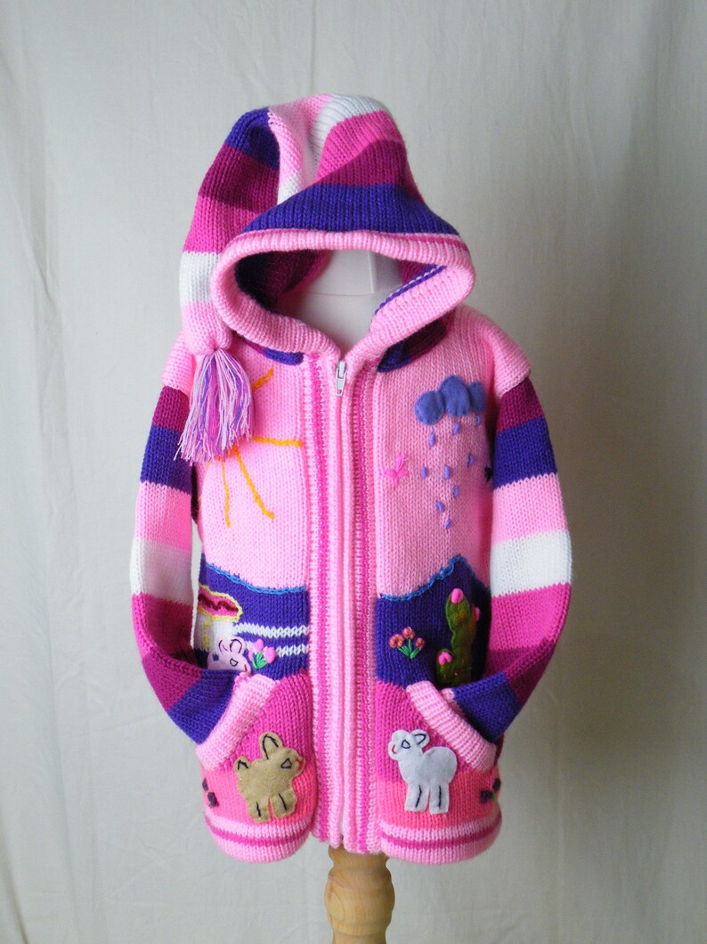 L= 40cm W= 31cm IA=30cm Handmade Peruvian arpillera childskids sweatercardigan with embroideryapplique work Size 34 Years