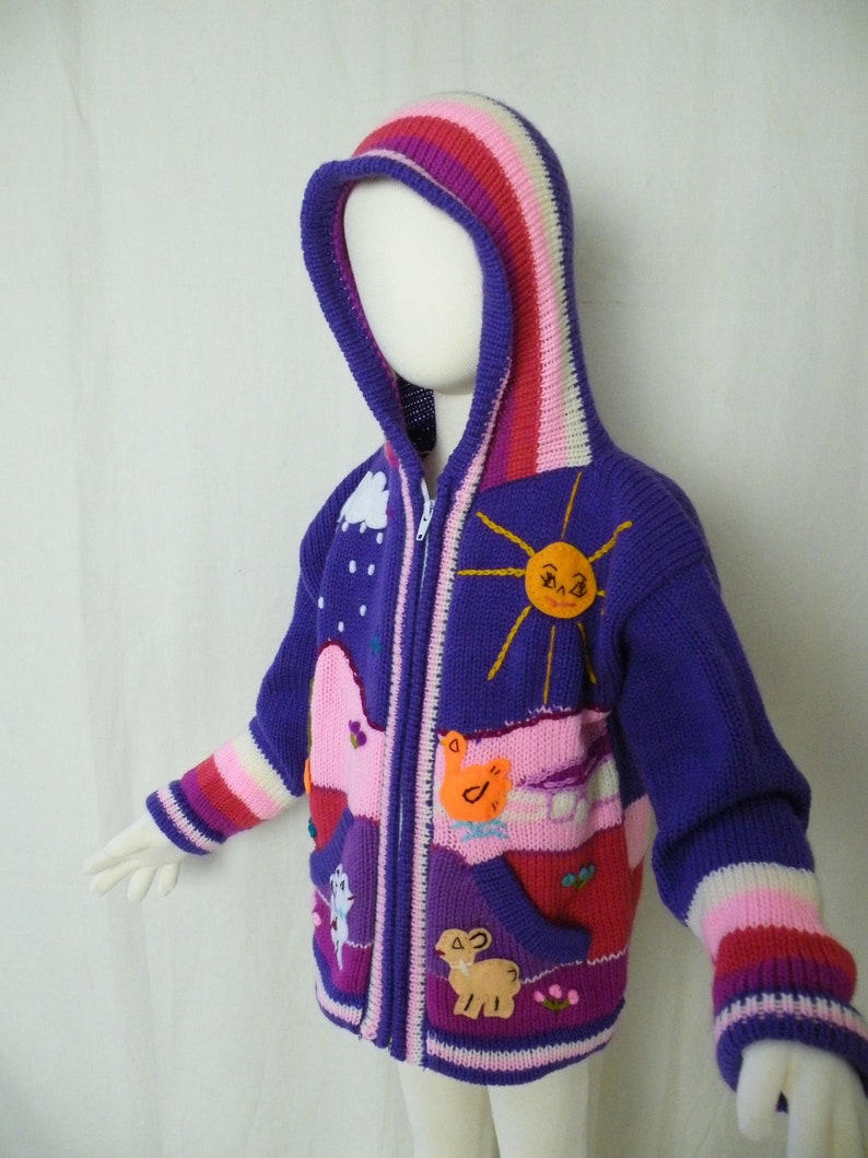 Size 34 Yrs L=39cm W=32cm IA= 30cm Fair Trade. Peruvian arpillera childskids sweatercardigan with embroideryapplique work