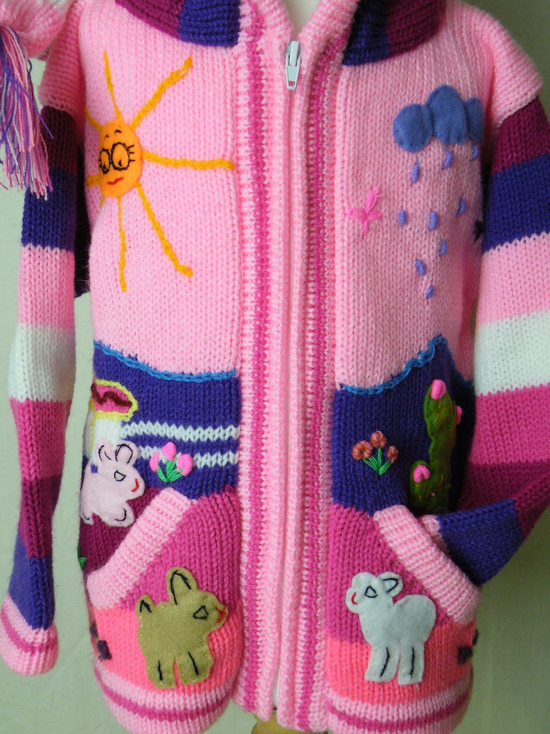 L= 40cm W= 31cm IA=30cm Handmade Peruvian arpillera childskids sweatercardigan with embroideryapplique work Size 34 Years