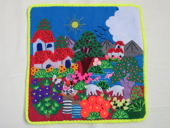 Peruvian arpillera collage. Applique and embroidered by hand. Made in Peru. Size 10.00" x 10.00" (25 cm x 25 cm ) Fair Trade.