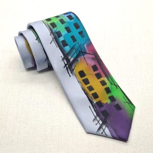 Hand Painted Blue Silk Tie: Abstract Design, Slimline 3-Inch