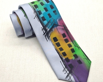 Hand Painted Blue Silk Tie: Abstract Design, Slimline 3-Inch