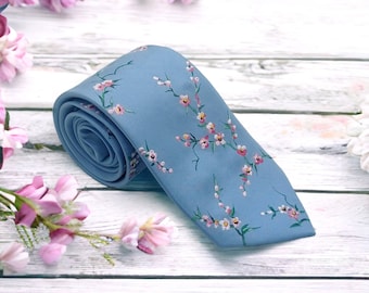 Cherry Blossom Silk Tie, Hand Painted Botanical Silk Necktie, Wedding Suitwear