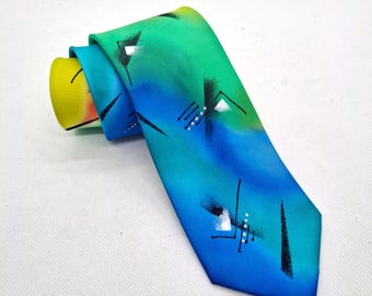 Patterned Hand Painted Silk Necktie, Mens Ties, Mens Anniversary Gifts, Green Neckties