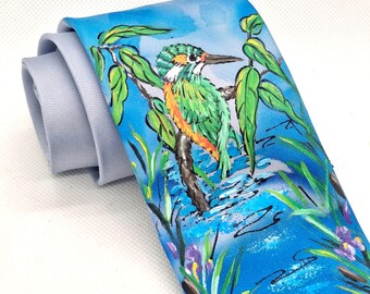 Hand Painted Kingfisher Bird Tie, Silk Animal Necktie