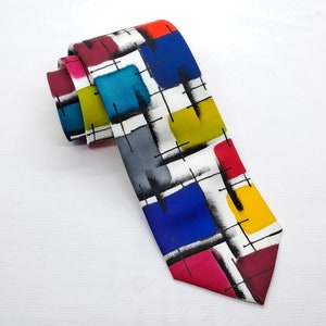 Geometric Tie, Colourful Silk Necktie, Hand Painted Checked Tie