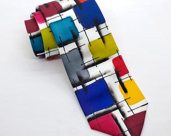Geometric Tie, Colourful Silk Necktie, Hand Painted Checked Tie
