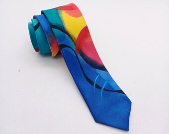 Multicoloured Hand Painted Silk Skinny Tie, Slim Silk Necktie