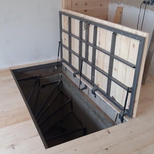Indoor floor access panel for cellar basement Custom hatch door with gas struts Attic roof hatchway Invisible secret trapdoor Utility cover