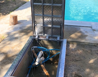 Swimming pool utility hatch to sewer or plumbing hatchway Custom floor trapdoor Cellar or basement access Outdoor stainless inspection panel