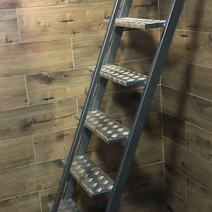 Custom-sized steel ladder with aluminum tread steps Metal stairs with handrail to cellar basement attic loft Hatch door or trapdoor stairway