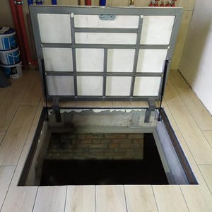 Hidden hatch door to cellar basement Custom utility hatchway Sewer plumbing cover Laminate and wooden floor trapdoor Attic roof access panel