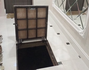 Cellar hatch door with gas struts Invisible floor trapdoor Hidden utility access panel Sewer plumbing metal hatchway Custom basement cover