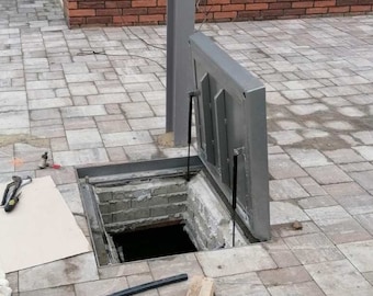 Outdoor hatch door with a tray for paving stones or bricks Street pavement sidewalk hatchway Cellar basement access panel Custom trapdoor