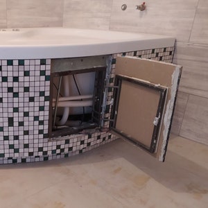 Bathtub wall access panel Flush mount ceramic tile hatch Custom utility inspection door Bathroom plumbing metal cover Push-to-open trapdoor