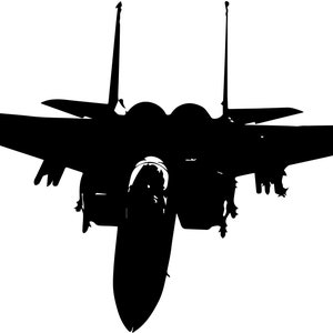 Puede incluir: Una silueta negra de un avión de combate con las alas extendidas. El avión está de frente al espectador y está en el aire.