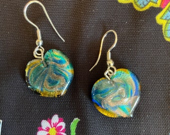 Handmade Oil Swirl Glass Bead Heart Earrings Silver Plate Drop Ethnic Boho