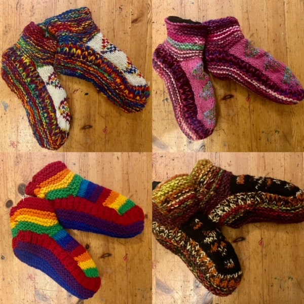 Slipper Socks Indoor Handknitted Fleece Lined Adult Slippers Chunky Wool Knitted Nepal Cosy Rainbow Red Pink Green
