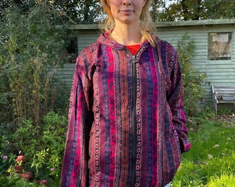 Paisley Stripe Fleece Jacket Hoodie Coat Size Medium M Hood Warm Soft Hippy Boho Zipper Unisex Gender Neutral 100% Vegan