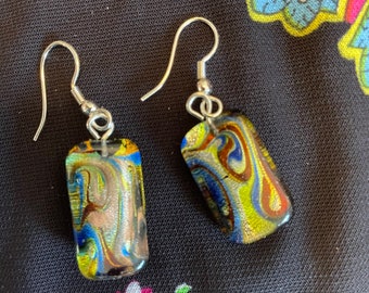 Handmade Oil Swirl Glass Bead Earrings Silver Plate Drop Ethnic Boho