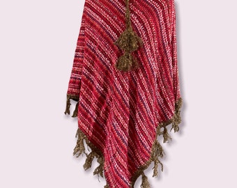 Handmade Soft Knit Poncho Crochet Style Ethnic Hippy Retro 70's Style Red with Brown Tassles