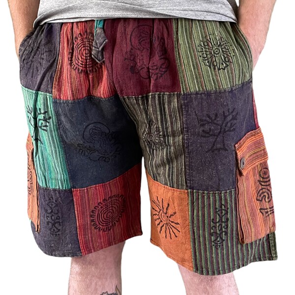 Patchwork Hippy Casual Cargo Shorts Strong Cotton Nepal Festival Rainbow