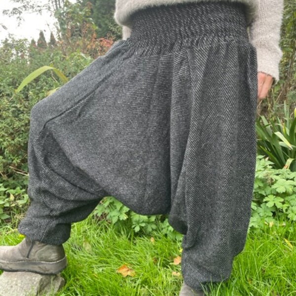 Warm Winter Baggy Hippy Fleece Harem Afgani Trousers Boho Festival Yoga 100% Vegan Grey Herringbone