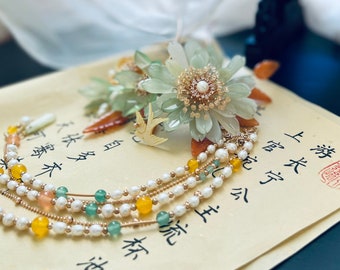 Floral Green Jade Ancient Chinese Style Hairpin with REAL Jade Peal Agate and Shell