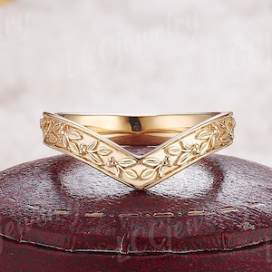 Olive Leaf Design Curved Wedding Band  Art Deco Yellow Gold Olive Fruit Stacking Matching Ring Handmade Custom Anniversary Ring For Her