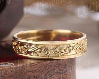 5mm Nature Inspired lily Of The Valley Design Wedding Band, May Birth Flower Gold Leaf Wedding Ring, Stacking Band, His And Her Ring