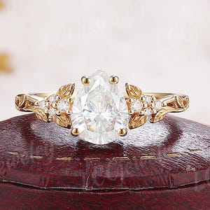 Delicate Pear Shaped Moissanite Engagement Ring Unique Yellow Gold Moissanite Cluster Rings For Women Leaf Design Anniversary Promise Ring
