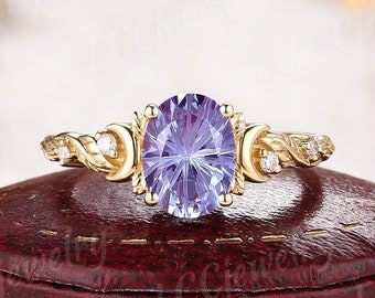 Einzigartige Fantasy Cut Alexandrit Verlobungsring Art Deco Mond Stern Gelbgold Ehering Blatt Design Versprechen Ring Geschenk für Frauen