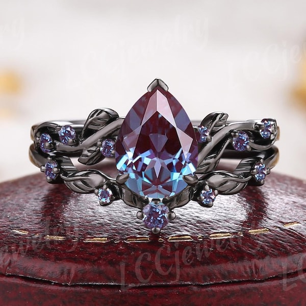 Vintage Gothic Alexandrite Engagement Ring Set, Leaf Branch Wedding Ring, Black Gold Halloween Handmake Promise Custom Rings for Her