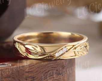 Vintage Moissanite Men's Wedding Band Yellow Gold Nature Inspired Leaf Engraving Stacking Matching Band Custom Anniversary Gift for Him