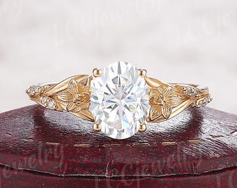 Vintage Oval Moissanite Engagement Ring, Custom Birth Flower Daffodil Ring in 14K Gold, Personalized Nature Inspired Wedding Ring