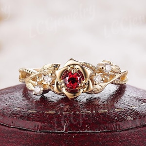 Vintage Ruby  Engagement Ring Yellow Gold  Diamond Nature Rose Flower Design Branch Wedding Ring Citrine Cluster Anniversary Rings For Her