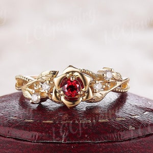 Vintage Ruby  Engagement Ring Yellow Gold  Diamond Nature Rose Flower Design Branch Wedding Ring Citrine Cluster Anniversary Rings For Her