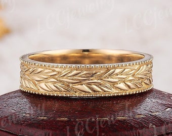 5MM Nature Inspired Leaf Design Mens Wedding Band Unique Yellow Gold Unisex Wedding Ring Stacking Matching Ring Anniversary rings For Men