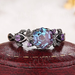 Unique Gothic Hexagon Alexandrite Engagement Ring Amethyst Cluster Black Gold Nature Inspired Leaf Design Wedding Promise Rings For Women