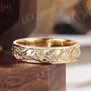 5.5MM Christmas Holly Leaves Wedding Band Nature Inspired December Birth Flower Gold Wedding Ring Stacking Handmake Promise Rings For Him