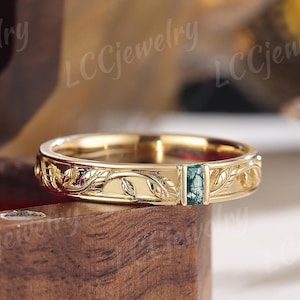 4MM Unique Green Moss Agate Mens Wedding Band Yellow Gold Nature Inspired Leaf Design Wedding Ring Handmake Jewelry Promise Rings For Men