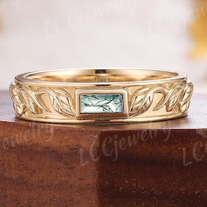 Vintage Baguette Moss Agate Wedding Band Natural Inspired Leaf Engraved Mens Wedding Band Unique Ring Solid Gold Mens Wedding Band