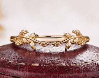 Art Deco Leaf Wedding Band Rose Gold Natural Inspire Leaf Branch Ring Wedding Ring Stacking Matching Custom Ring Anniversary gift For Her