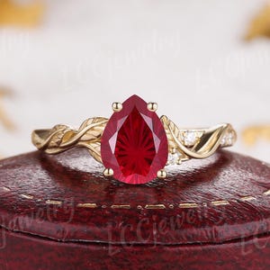 Vintage fyrverkerislipad rubinförlovningsring, vigselring i gult guld, naturinspirerad bladring, unika ringar för kvinnor