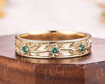 5mm Vintage Round Cut Emerald Wedding Band Yellow Gold Stacking Matching Engagement Rings Leaf Design Handmake Jewelry Promise Rings For Men