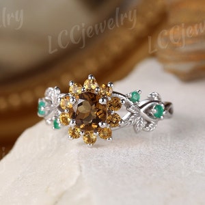 Unique Smoky Quartz Floral Engagement Ring Nature Inspired Sunflower Vine Ring Citrine Cluster Emerald Wedding Anniversary Rings For Women