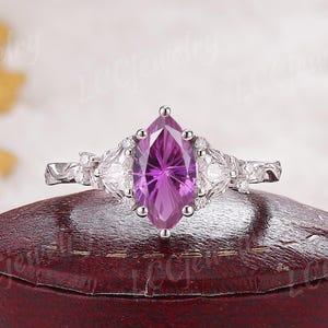 Vintage Fireworks Cut Purple Sapphire Engagement Ring Rose Gold Nature Inspired Leaf Design Marquise Wedding Ring Handmade Rings For Women