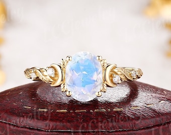 Unique Oval Moonstone Engagement Ring Art Deco Rainbow Moon Design Wedding Ring Yellow Gold Diamond Custom Handmake Promise Rings For Women