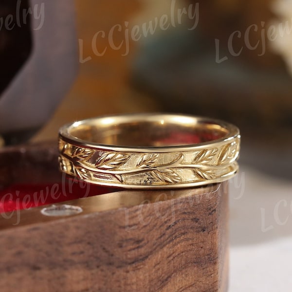 Vintage Yellow Gold Mens Rings Mens Wedding Band Nature Inspired Leaf Wedding Band Stacking Matching Couple Rings For Men Anniversary Gift